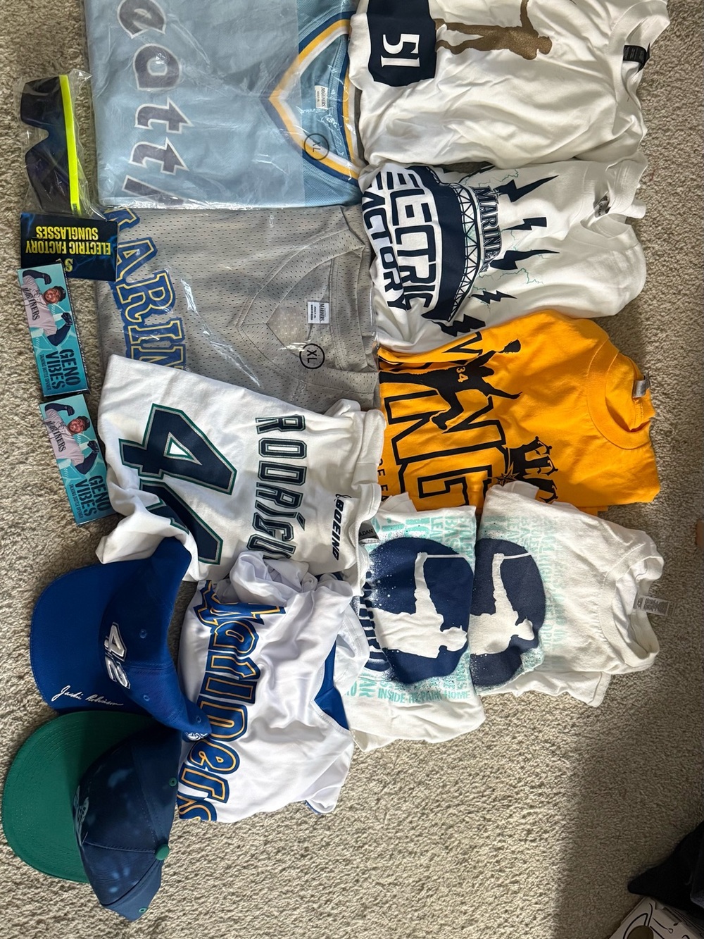 Mariners swag package - 9 t shirts, 2 hats, sunglasses